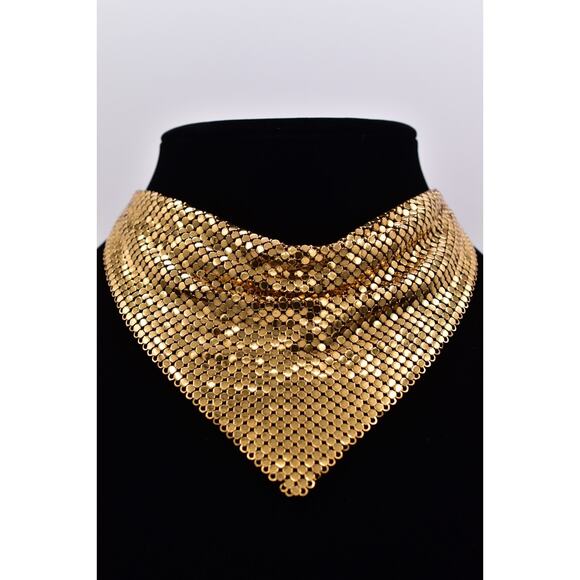 Whiting & Davis Vintage Mesh Chainmail Choker Bib Necklace Gold Signed 70s BinBL - Picture 4 of 12